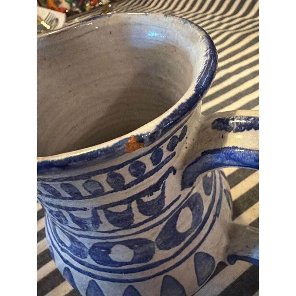 Vintage Hand Painted Blue White Ceramic Pitcher Studio Pottery Small Creamer Jug